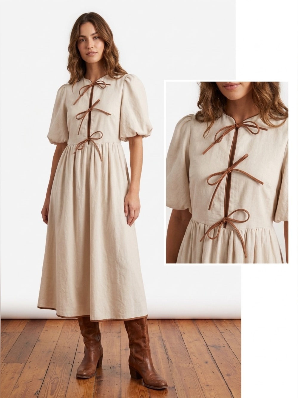 Zoco Chappell Linen Blend Beige Puff Sleeve Faux Leather Tie Dress Size Medium